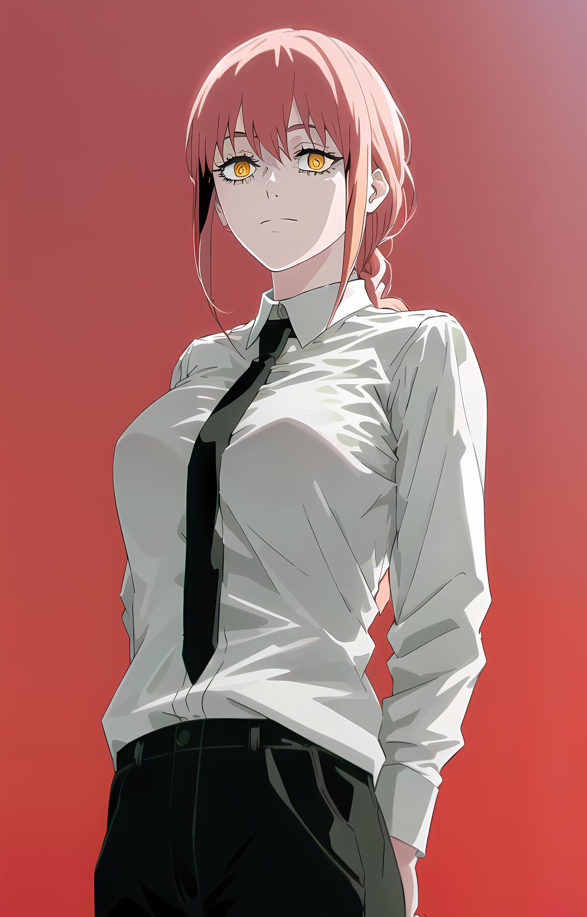 A woman wearing a white shirt and black tie standing in front of a red background.