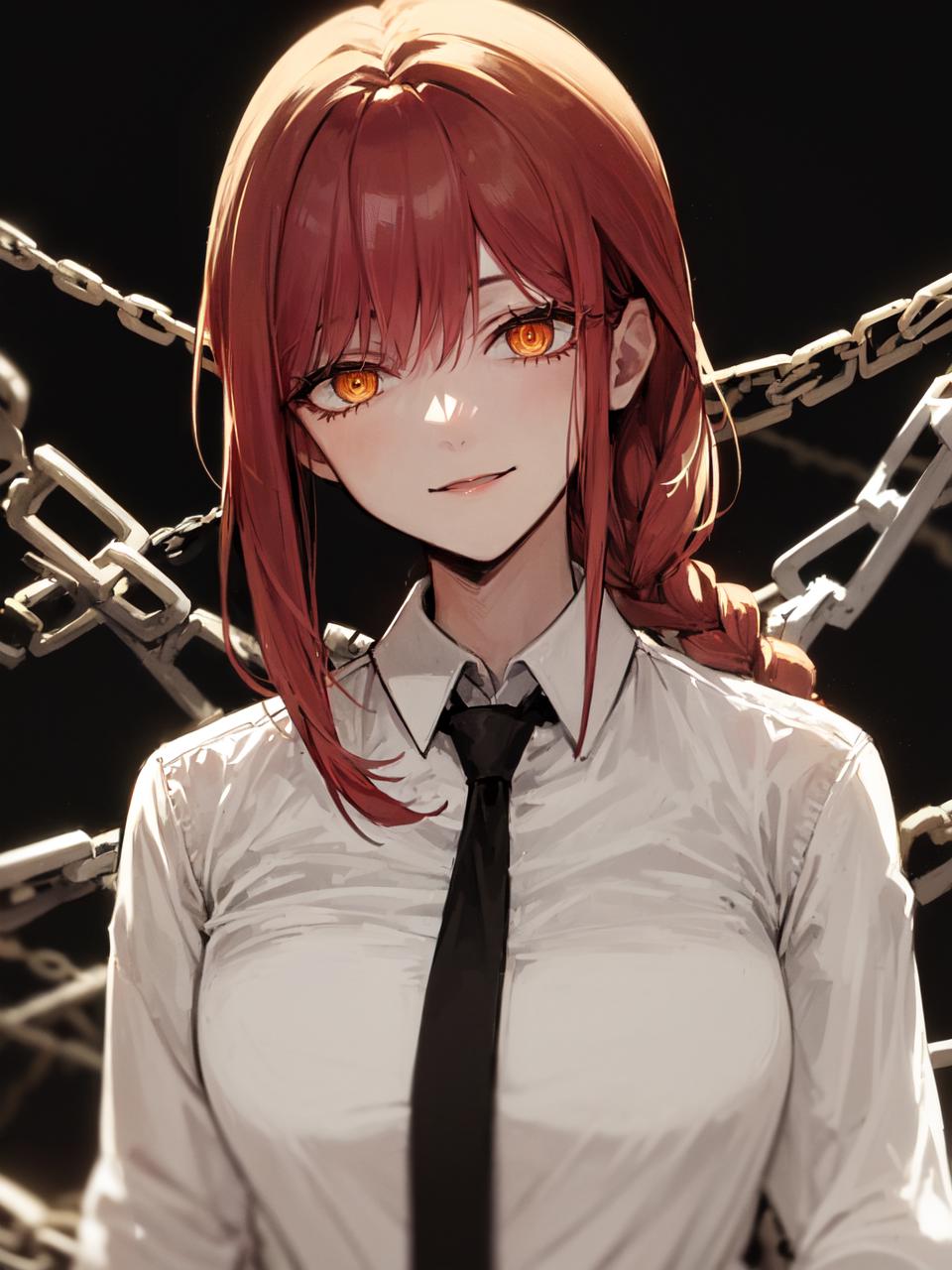 A woman in a white shirt with a black tie and red hair.