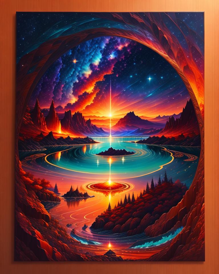 A vibrant painting of a sunset over a waterfall with colorful mountains and the night sky.