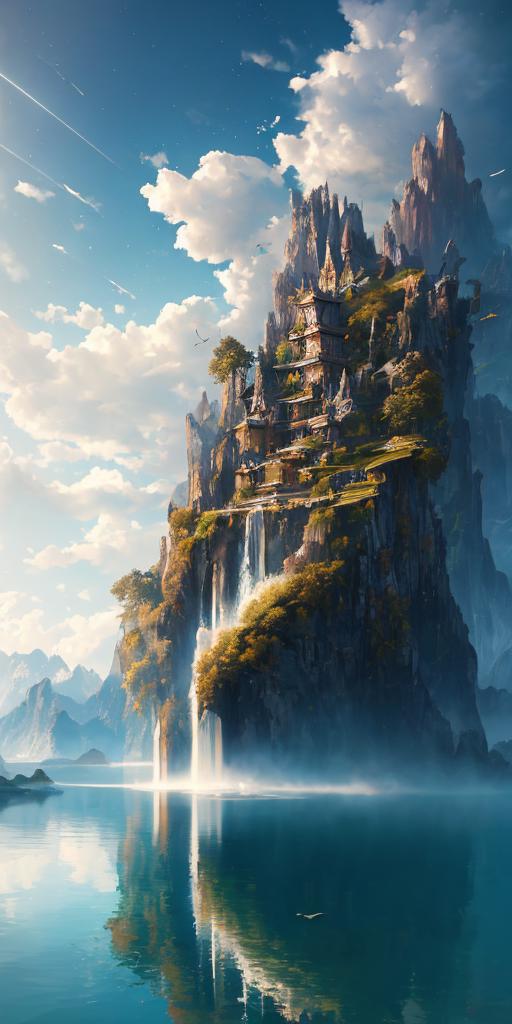 A majestic waterfall cascading down a rocky mountain with a castle on top.
