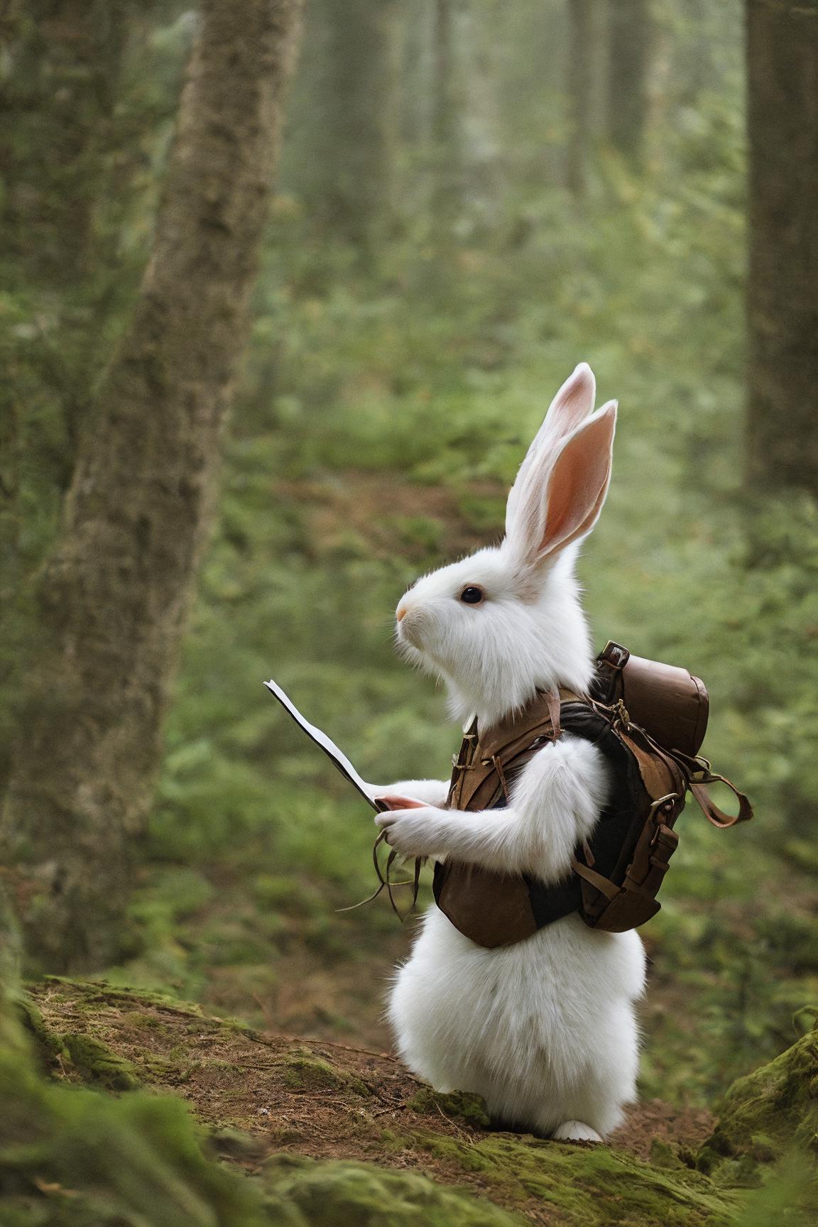 A cute white rabbit wearing a backpack and holding a tablet.
