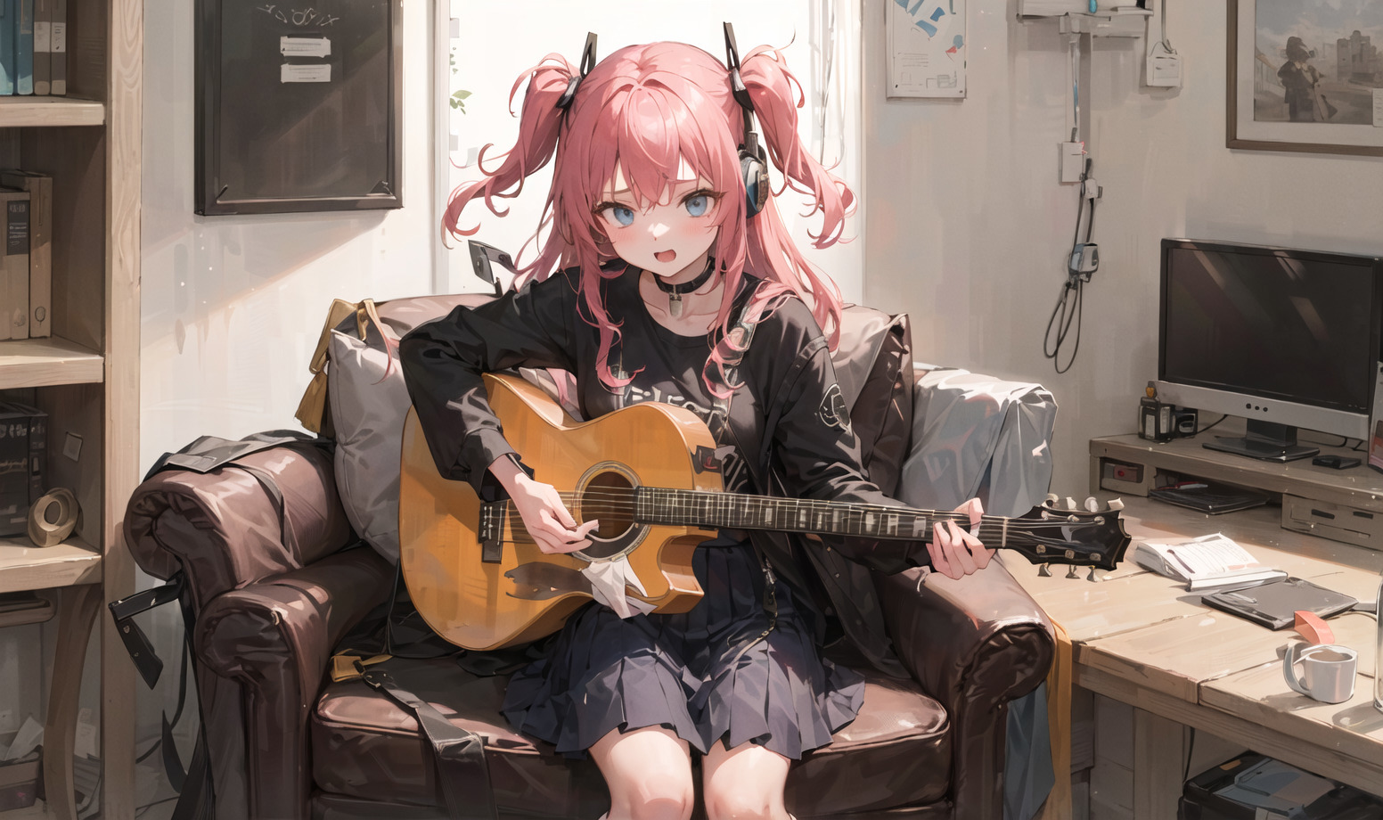 Pink-haired girl playing guitar on a couch.