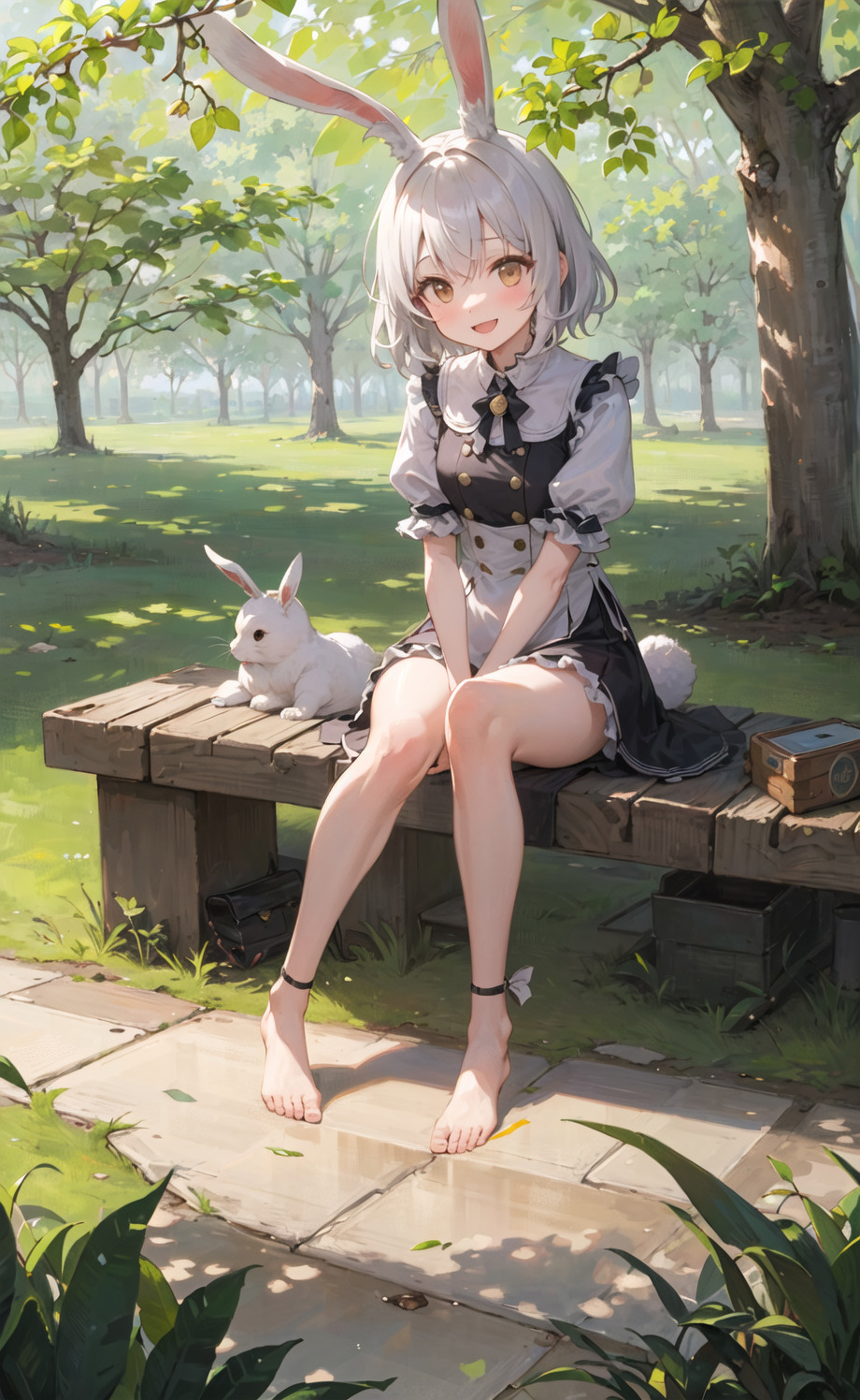 A cartoon drawing of a woman sitting on a bench with a rabbit.