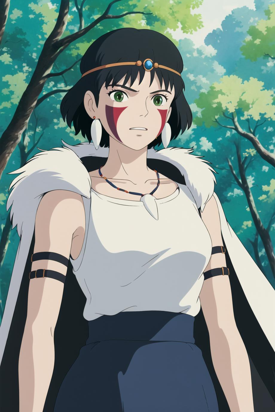 Anime character wearing a white shirt, blue necklace and a headband.