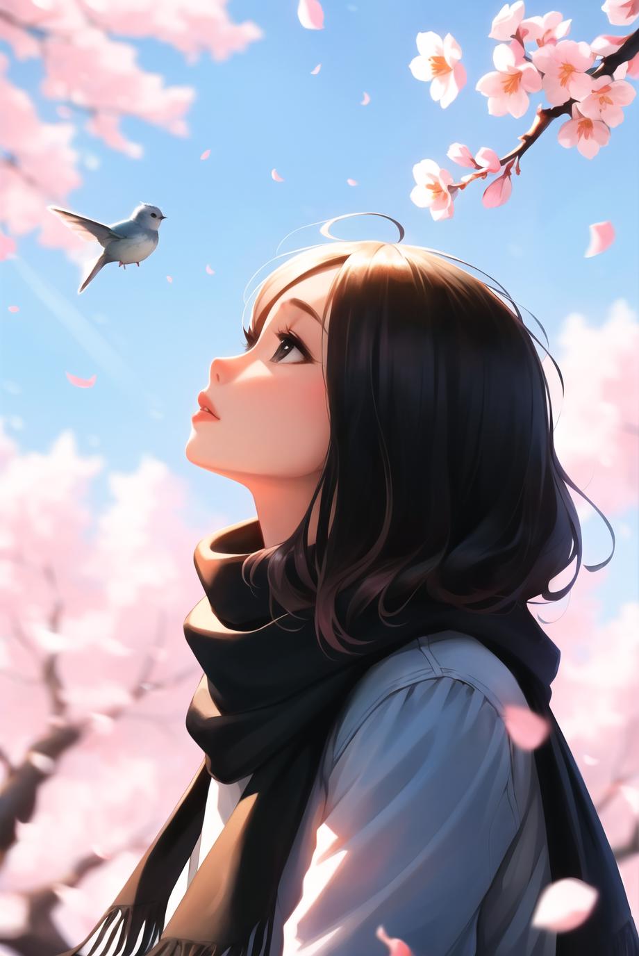 A Woman with Flowers in Her Hair Looking Up at a Bird.