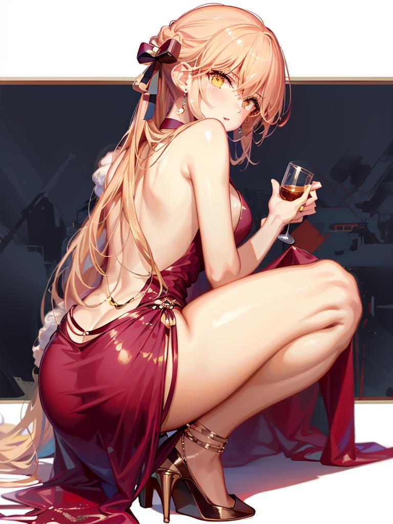 A cartoon drawing of a woman in a red dress holding a glass of wine.