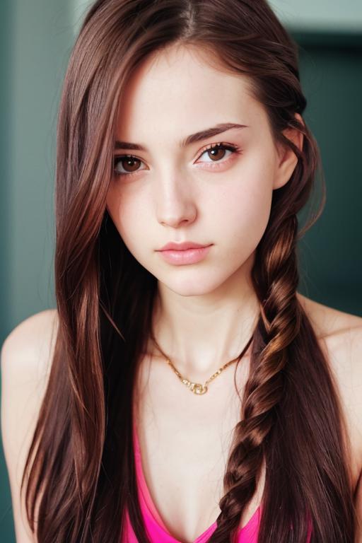 A young woman with long brown hair and a gold necklace and braid.