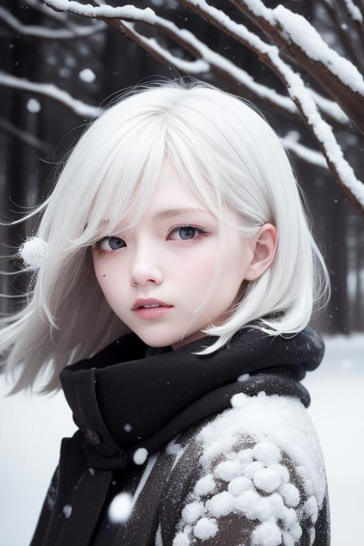 A young girl with white hair and blue eyes wearing a black coat.