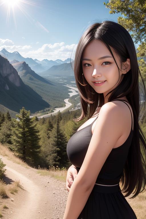 A beautiful young woman posing in front of a picturesque mountain range.