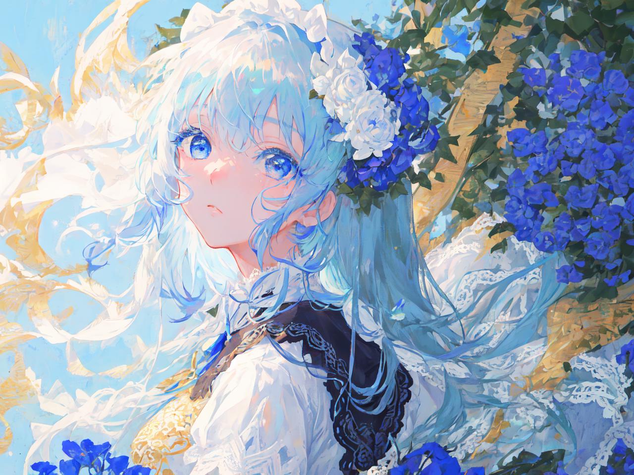 A beautiful young woman with blue eyes, white hair, and a blue flower in her hair.