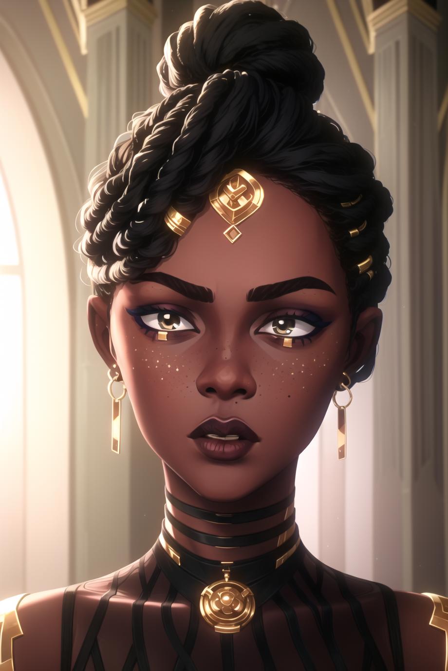 A woman with braids and gold earrings wearing a gold headband.