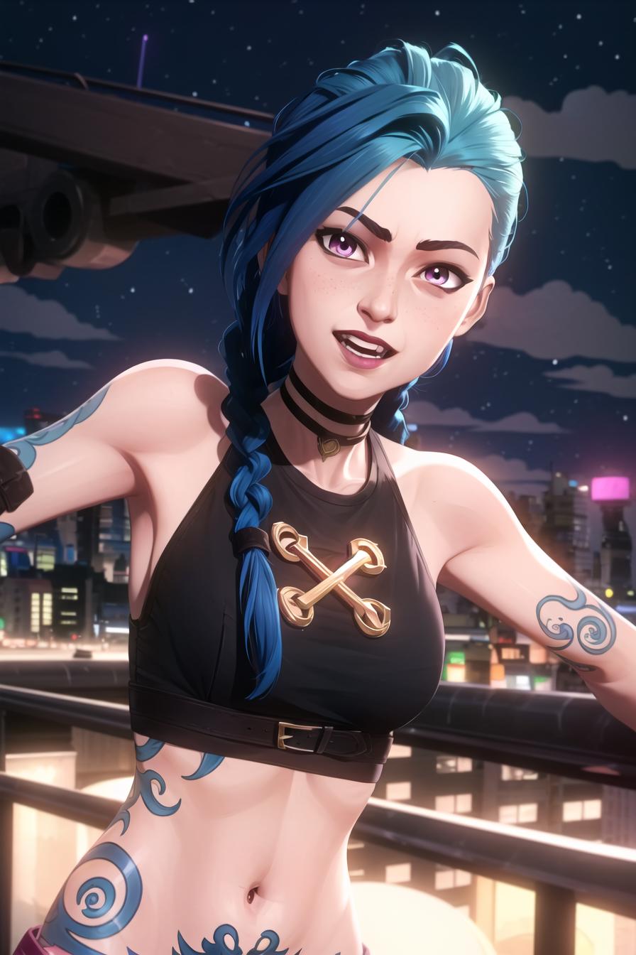 A cartoon character with blue hair and a black tank top, smiling and showing off her tattoo and blue hair.