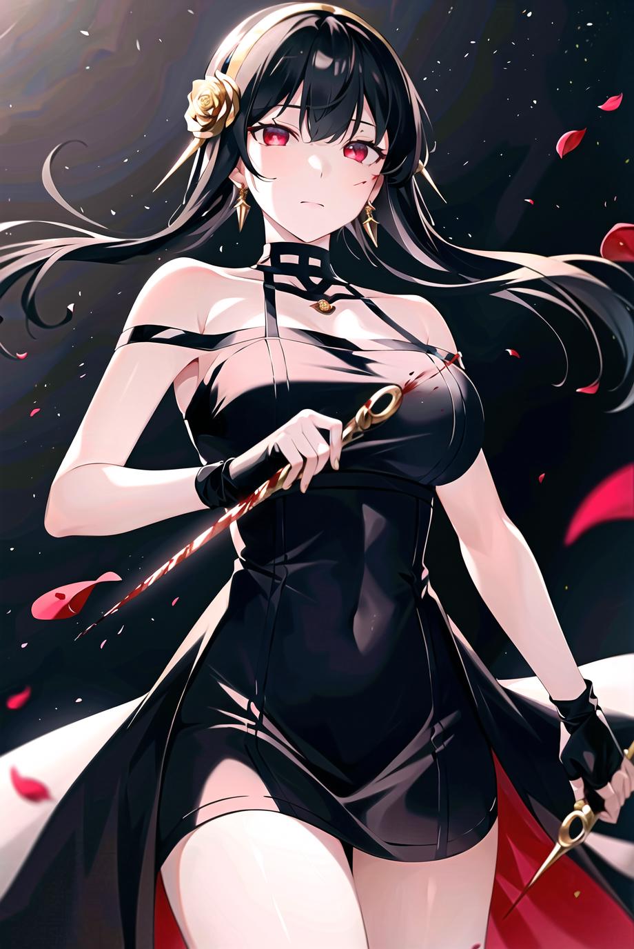 Anime character wearing a black dress and holding a wand.