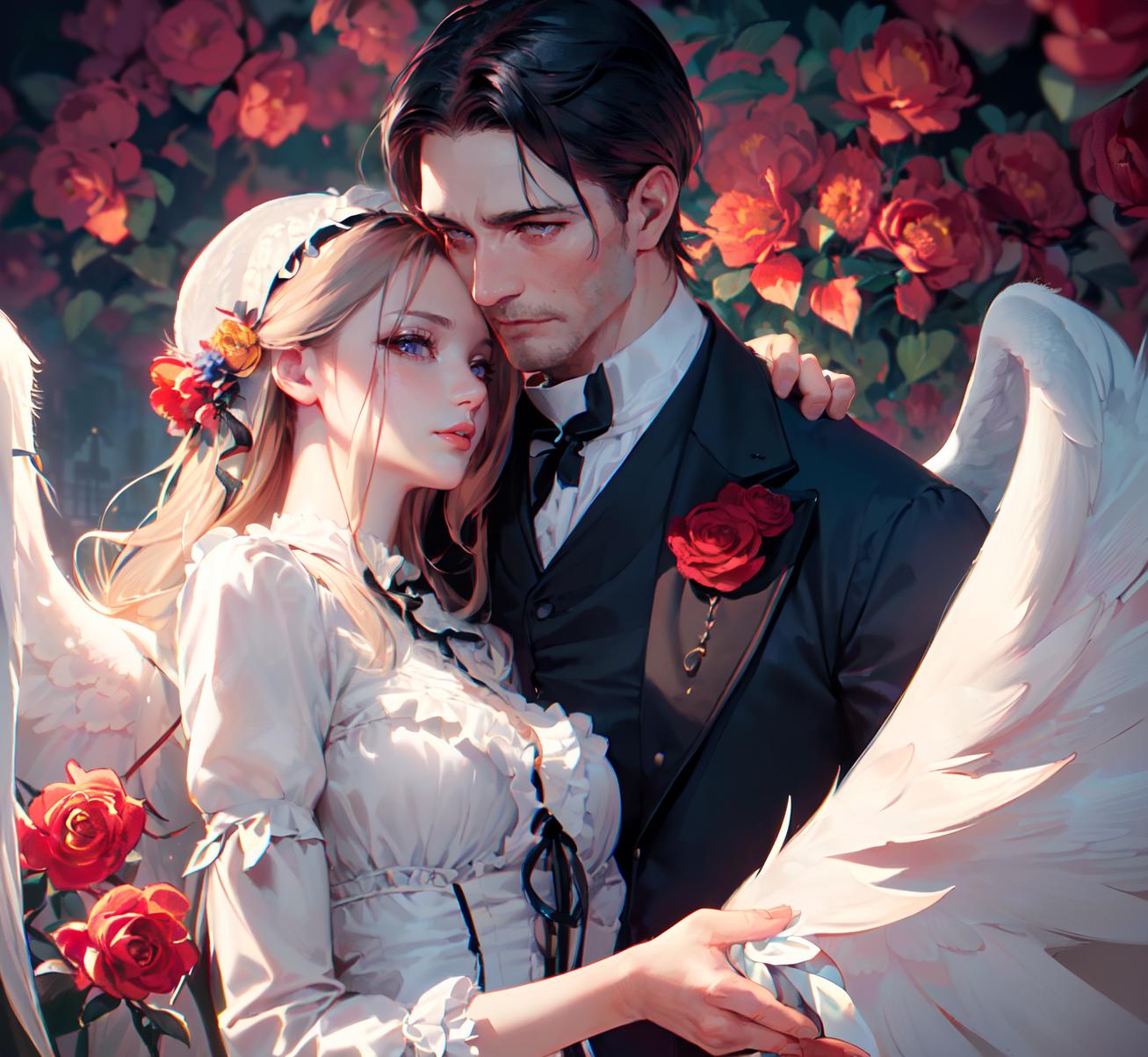 A Bride and Groom Art Illustration in a Garden Setting