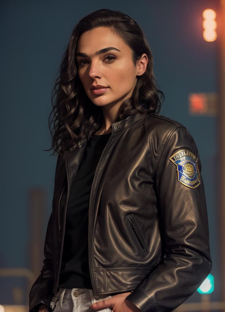 A woman wearing a leather jacket and earrings.