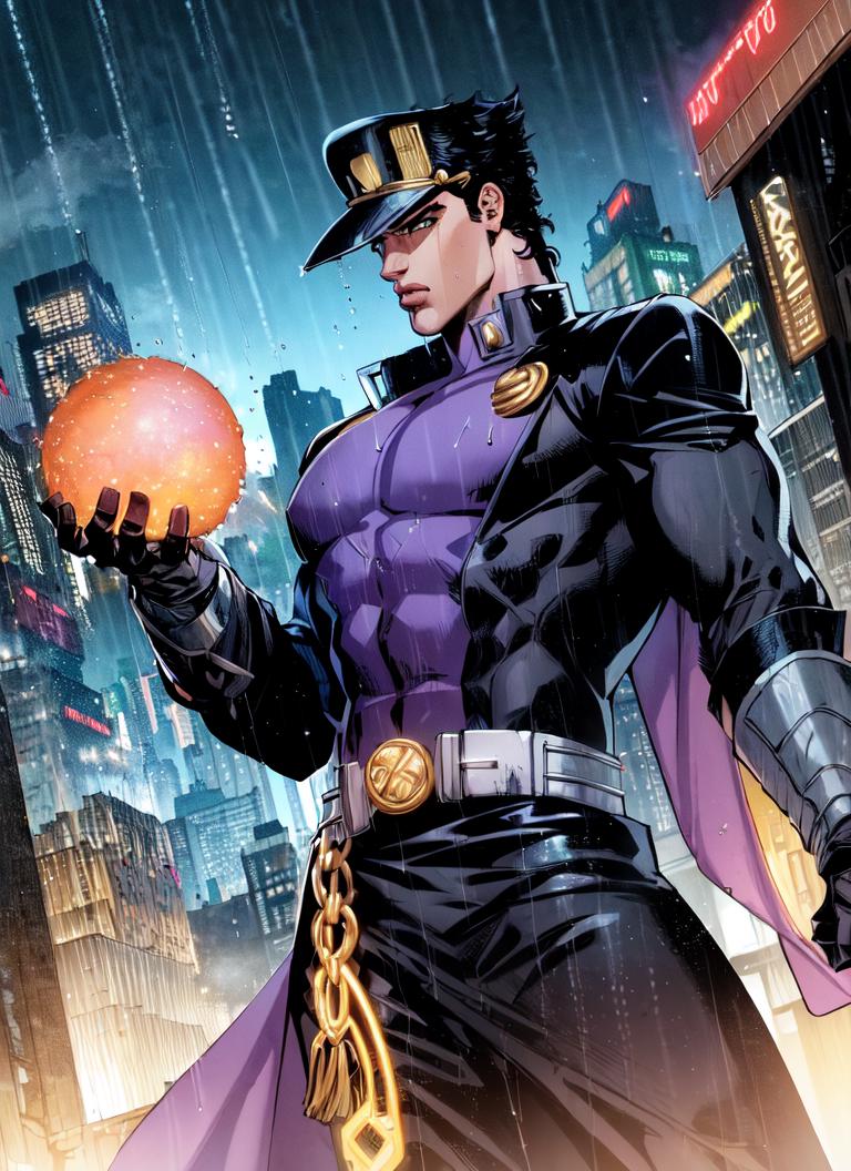 A man in a purple outfit holding an orange ball in his hand.