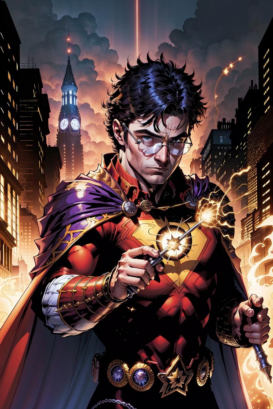 A comic book illustration of a man in a red and yellow costume holding a lightning bolt.