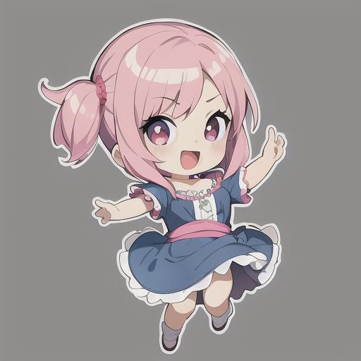 A Pink Haired Cartoon Girl in a Blue Dress and White Socks.