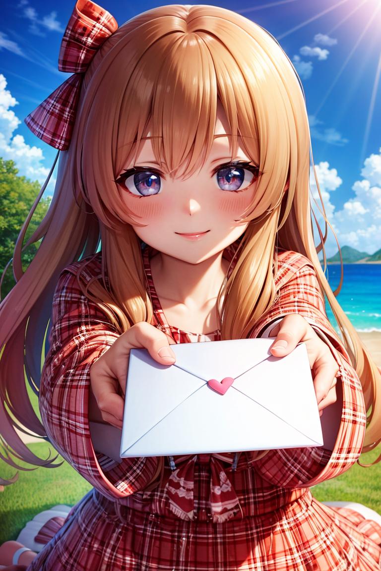 A young woman holding a heart-shaped envelope.