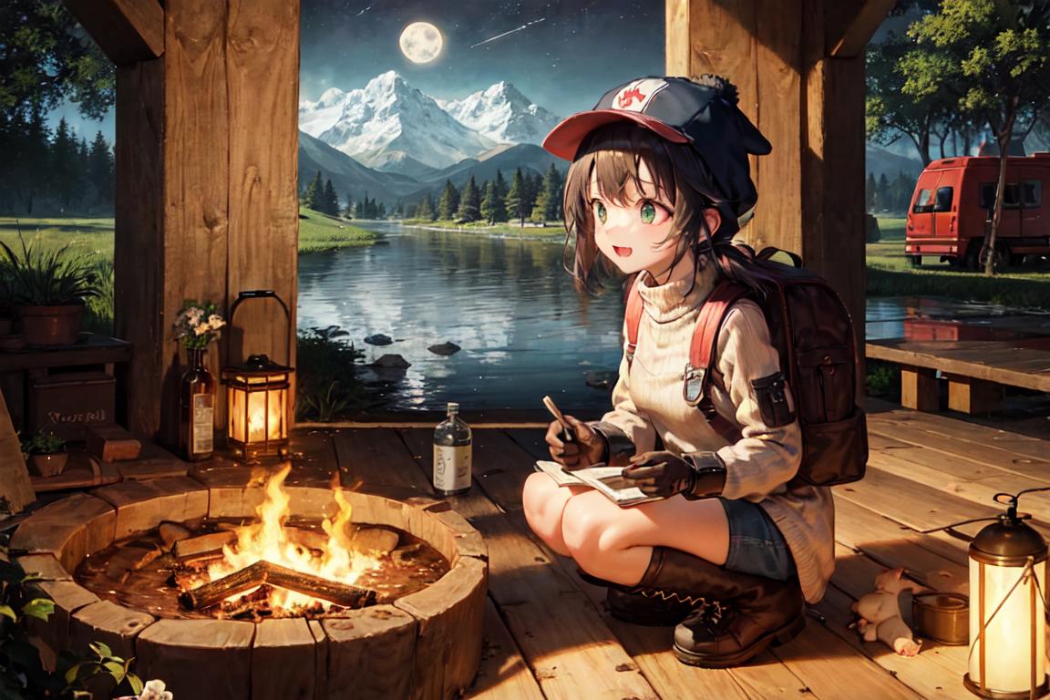 A girl with a backpack sitting by a fire, writing in a notebook.