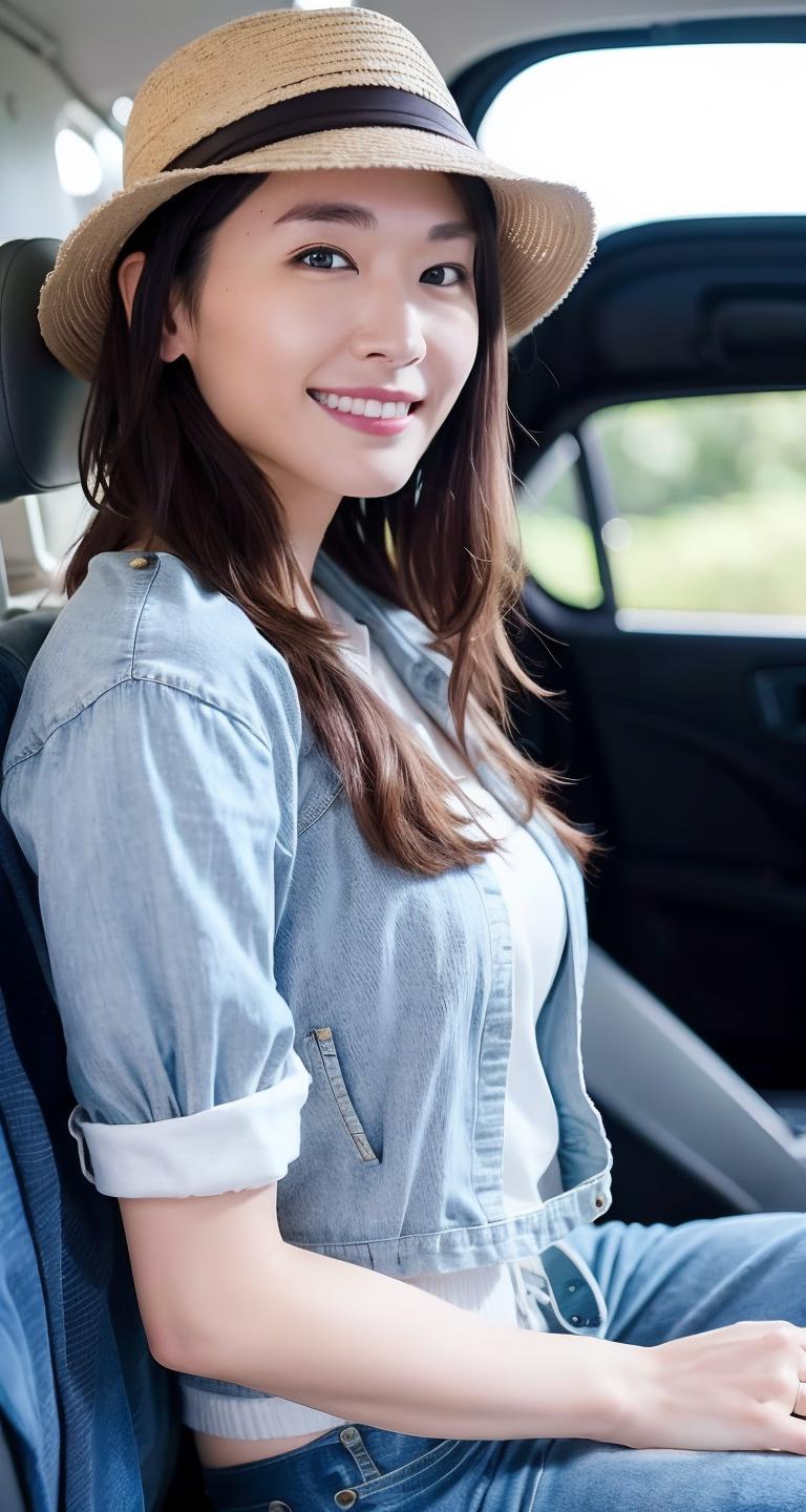 A beautiful young lady in a blue shirt smiling while sitting in a car.