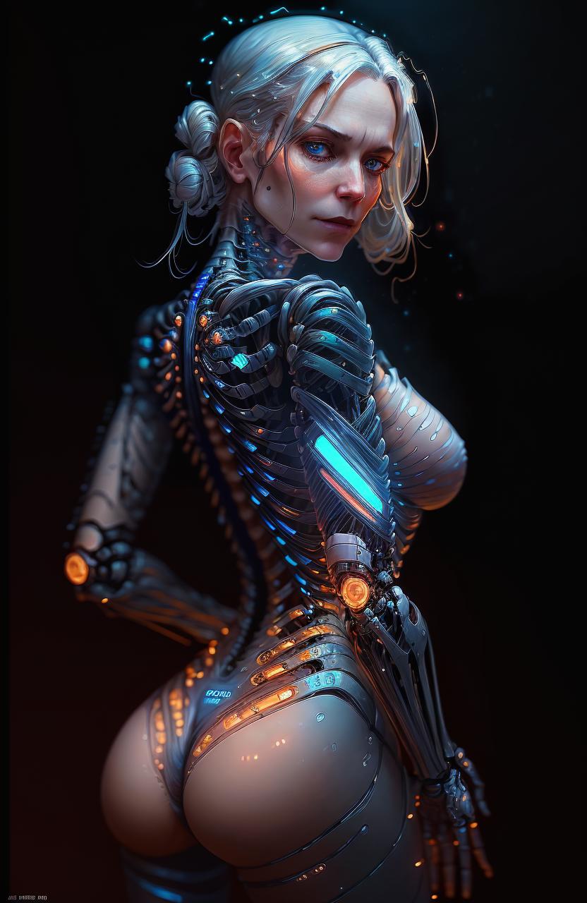 A robotic character with a large chest and blue lights in the back.