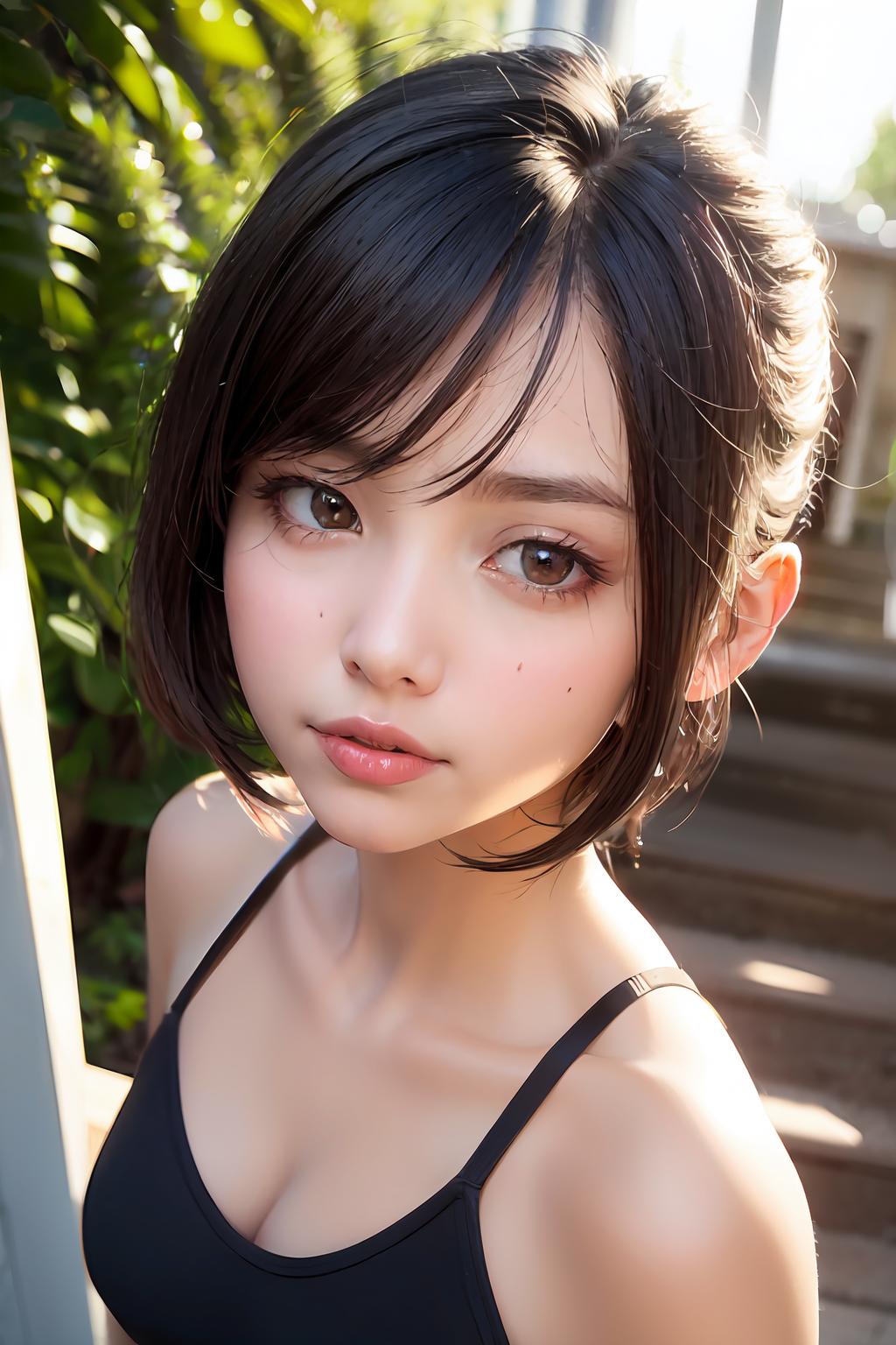 A young girl with short, dark hair, wearing a black top, and looking to the side.
