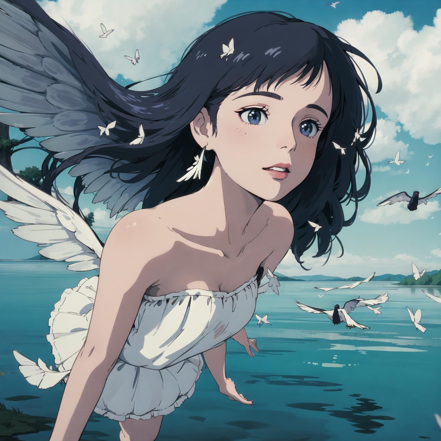 An anime girl with wings is depicted in a serene scene where she is surrounded by numerous birds flying around her. The girl appears to be walking through the water as she interacts with the birds. The scene captures a sense of peace and harmony between the girl and the feathered creatures.