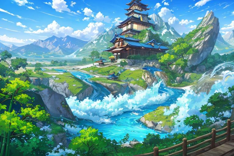 An anime-inspired painting of a waterfall and palace.