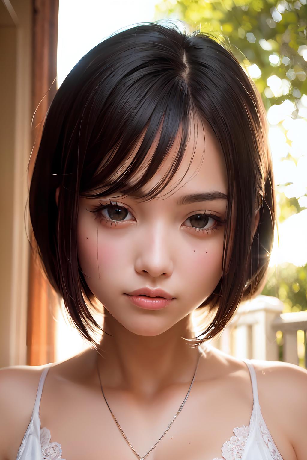 A close-up of a woman with a short bang and brown eyes.