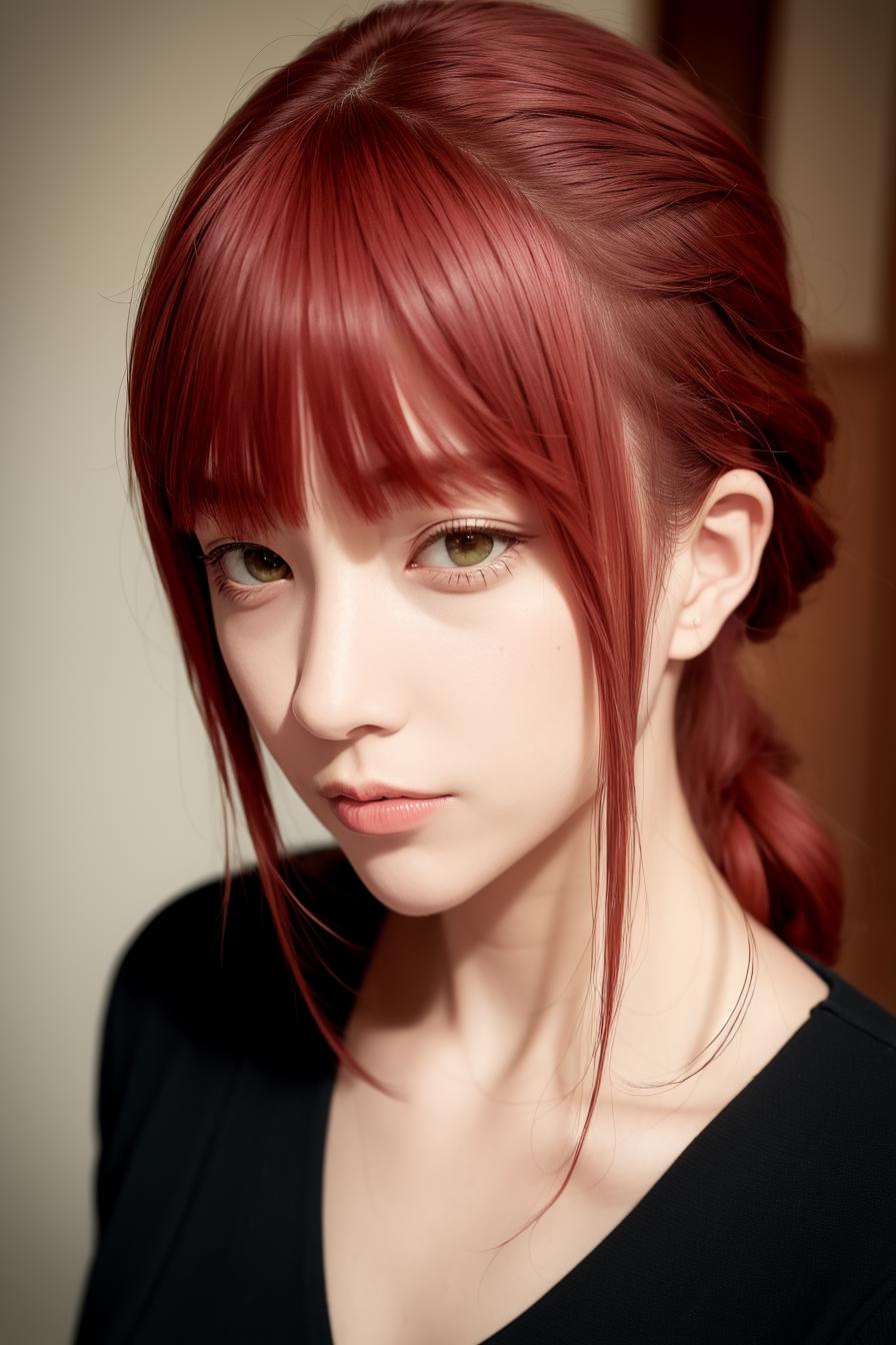 A young woman with red hair is wearing a necklace and looking at the camera.