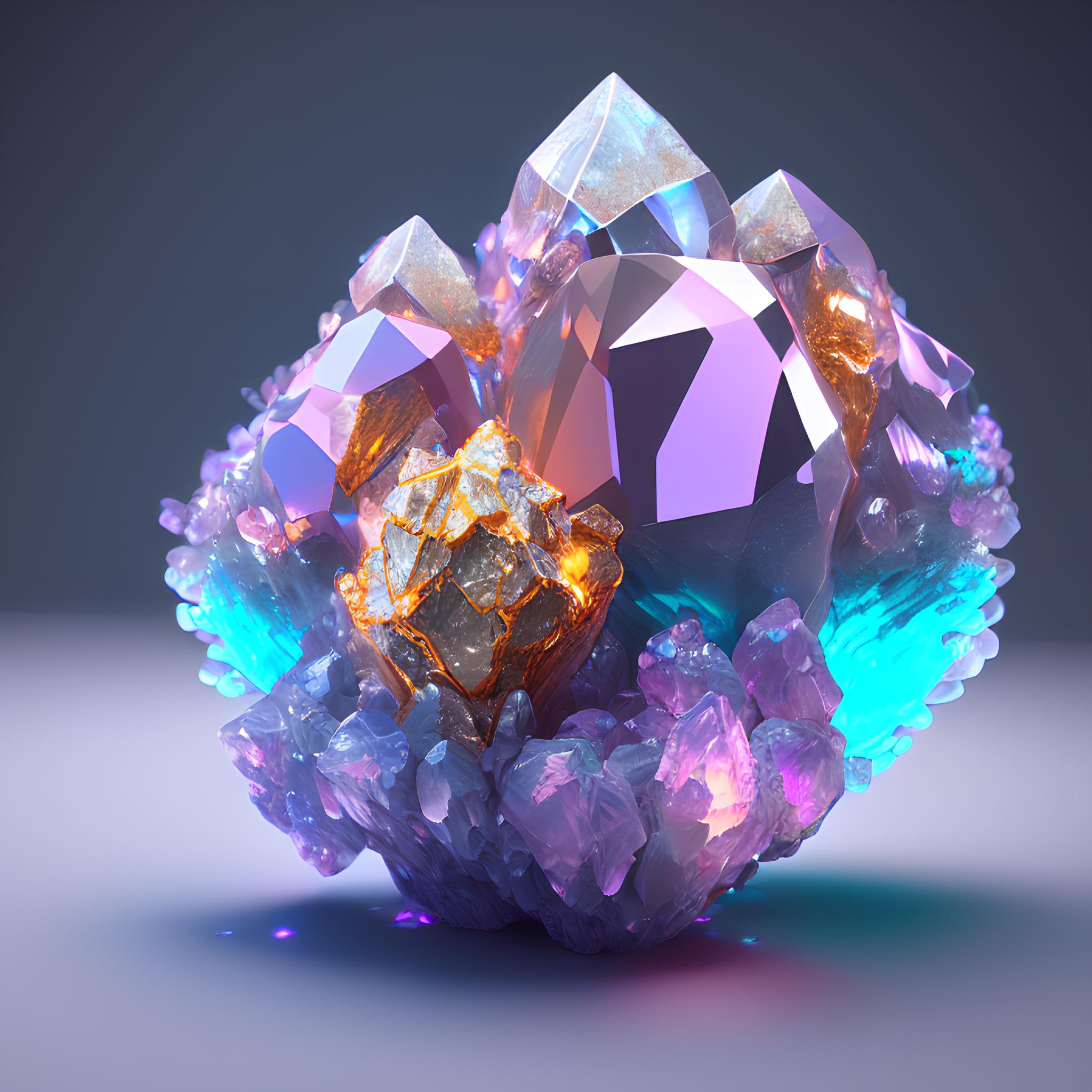 A beautiful crystal cluster with a variety of colors, including purple, blue, and orange.
