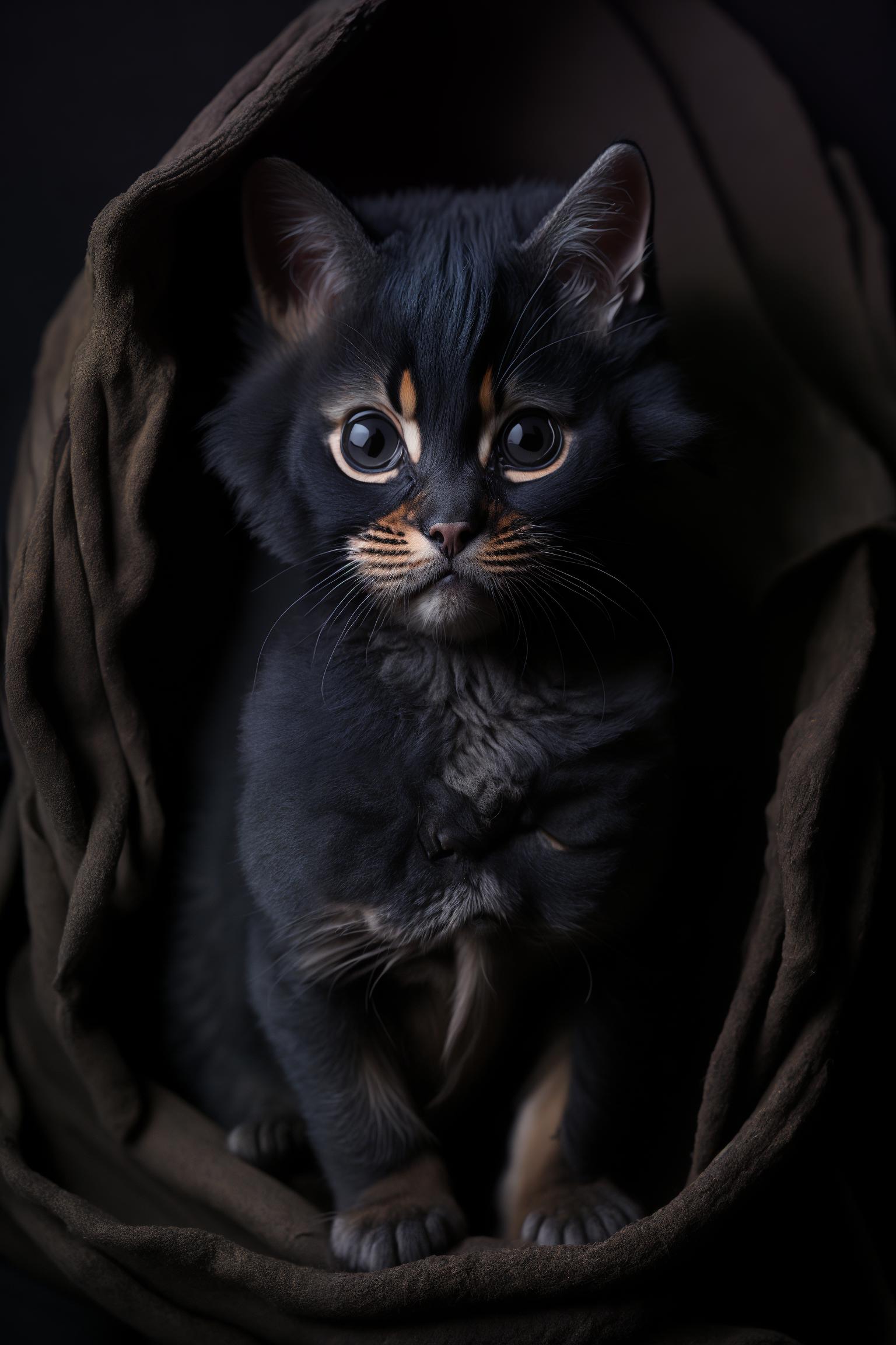 A black kitten with yellow eyes sitting under a blanket.