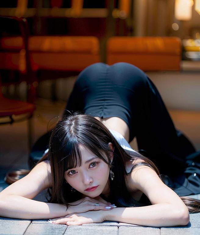 A young woman with black hair and a white tank top is laying on the floor.