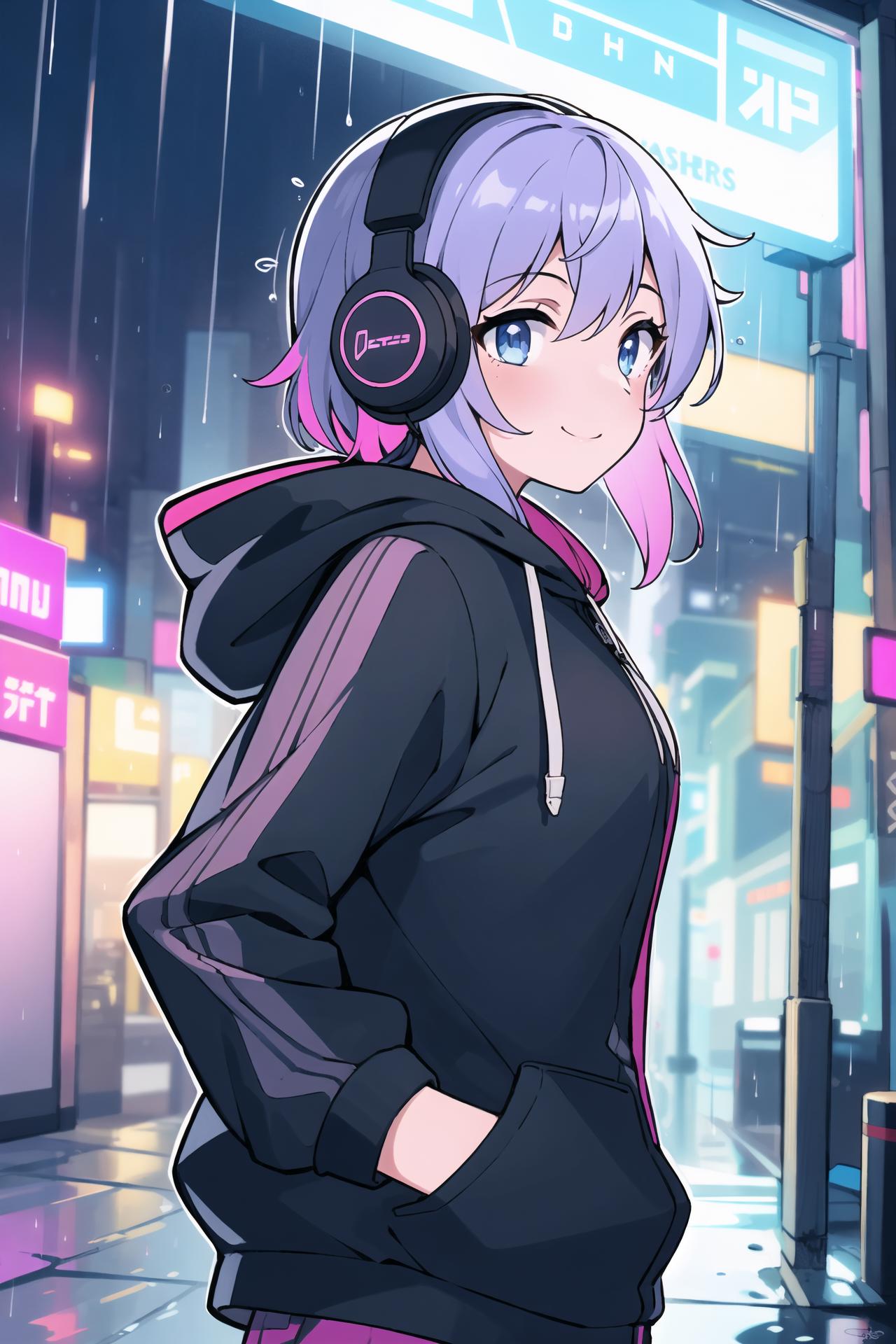 A woman wearing a hoodie with headphones and a smile.