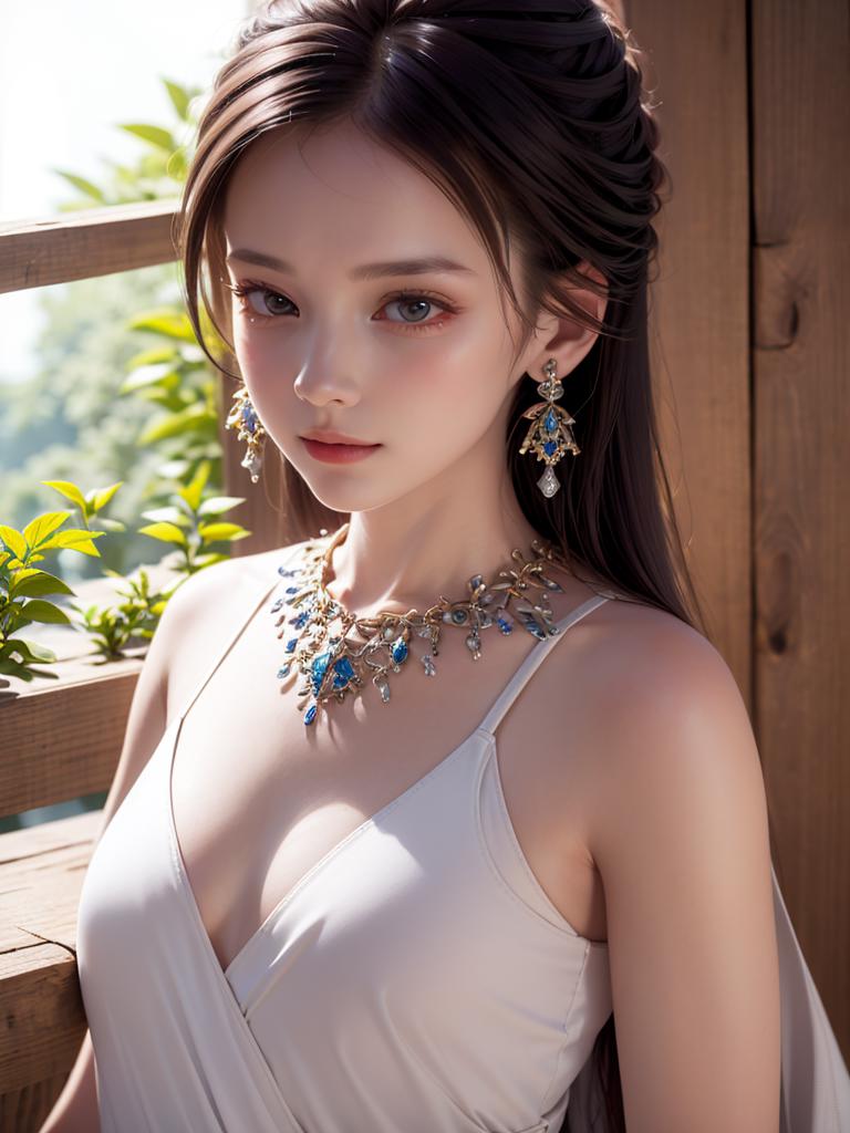 Anime girl with blue eyes, white dress, and jewelry.