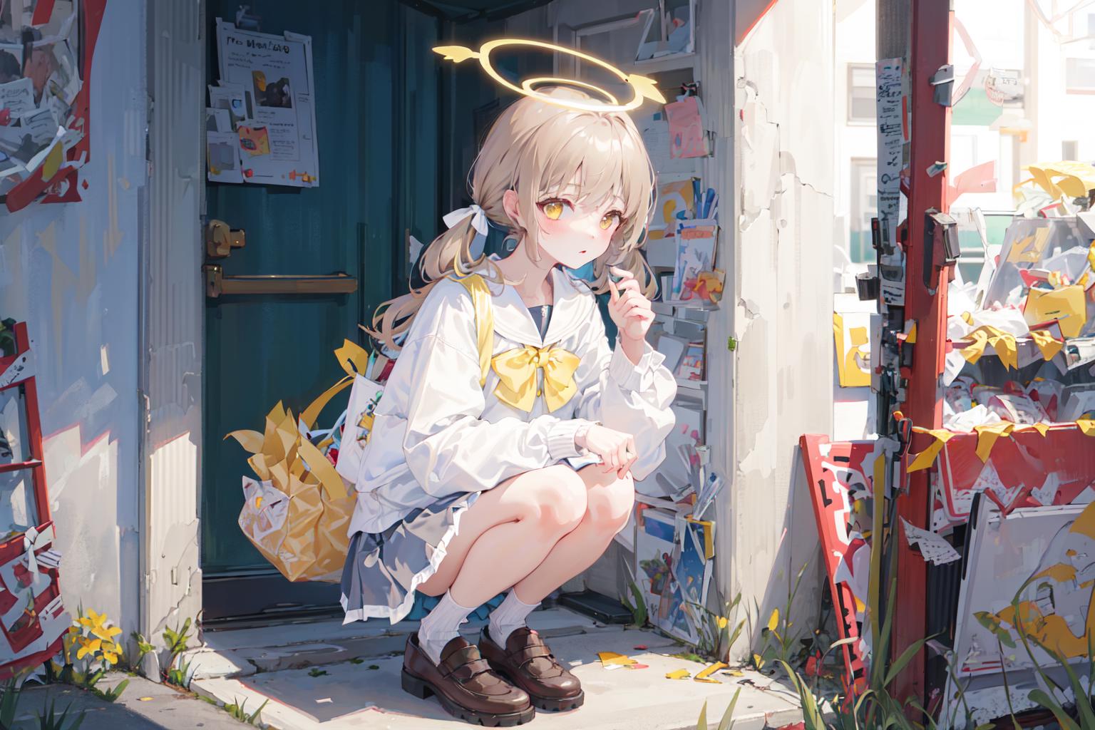 Anime girl with a halo, kneeling in front of a building.