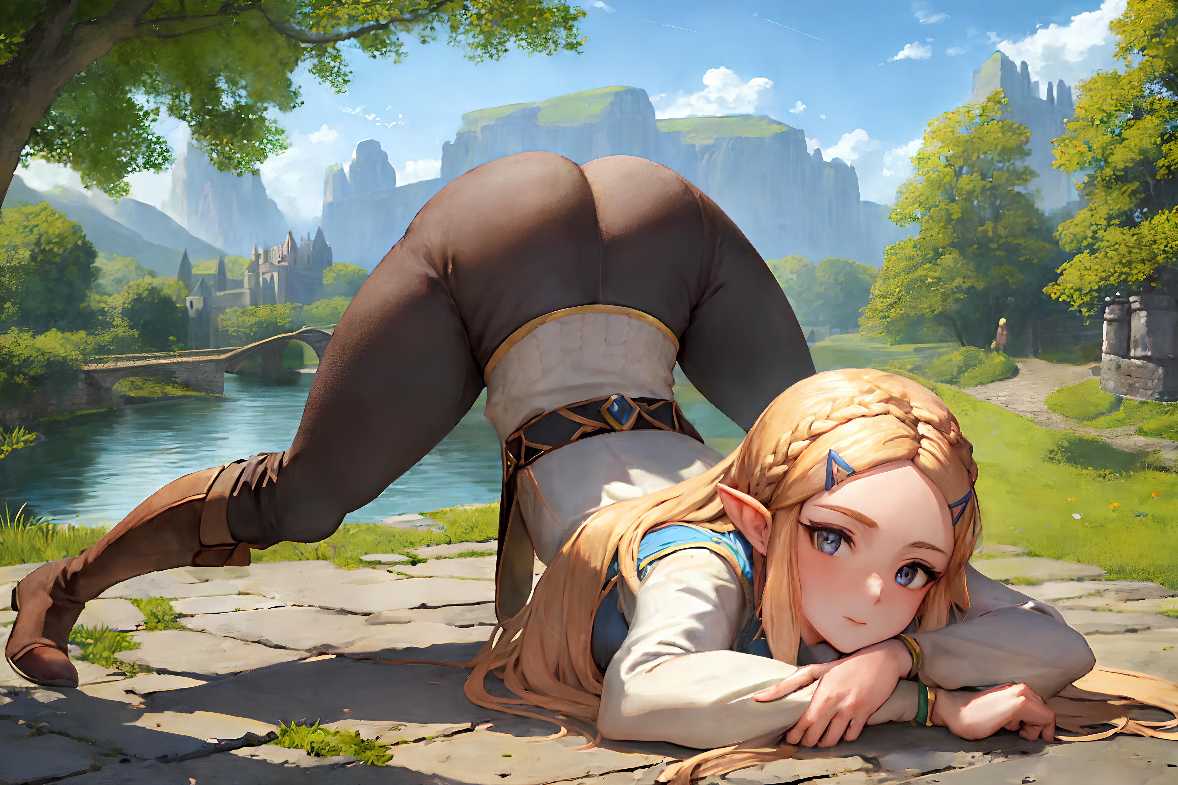 A beautiful cartoon elf girl wearing a white dress and blue hair is lying on her back on some stone ground.