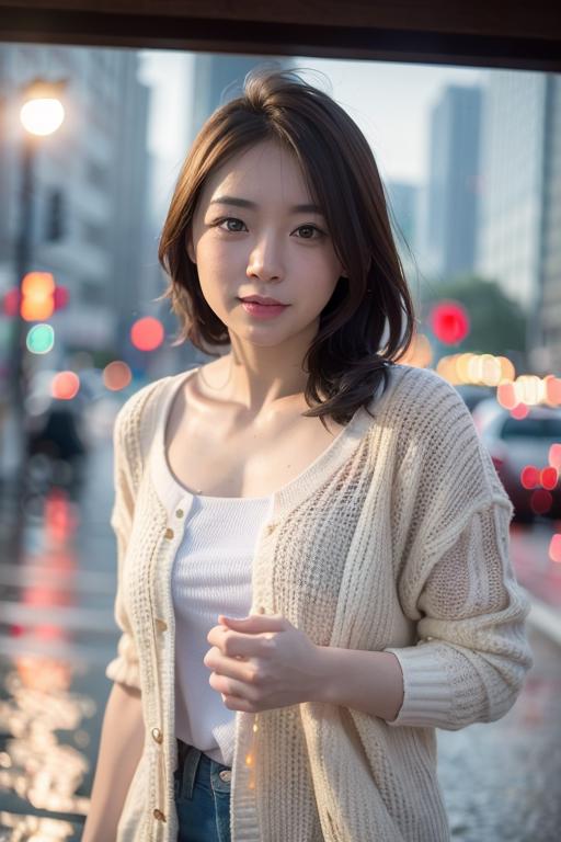 A woman in a white shirt and sweater standing on a street.