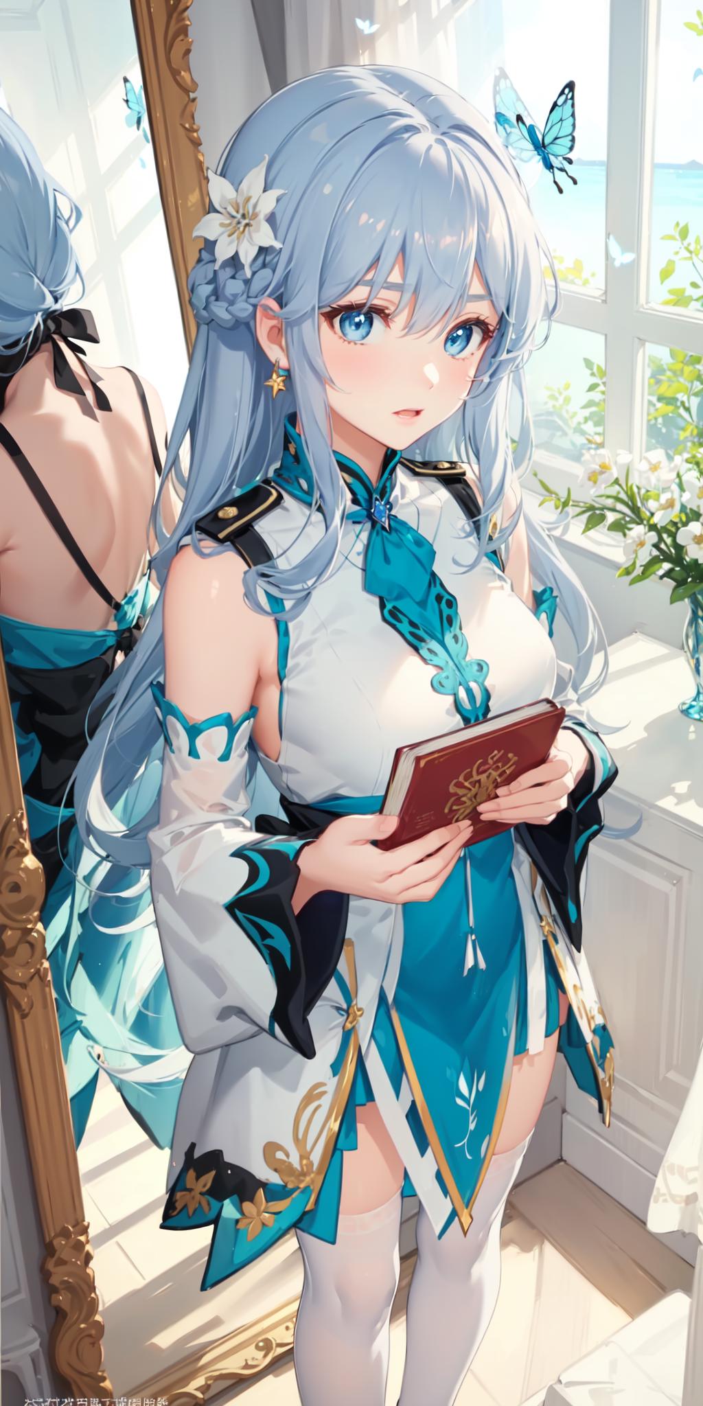 A blue and white anime illustration of a woman in a dress holding an open book.