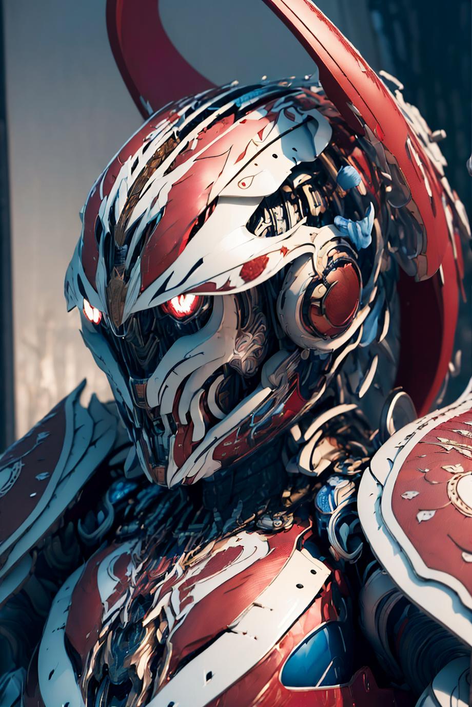 A close-up of a robot head with a red and white color scheme and a clock on the shoulder.