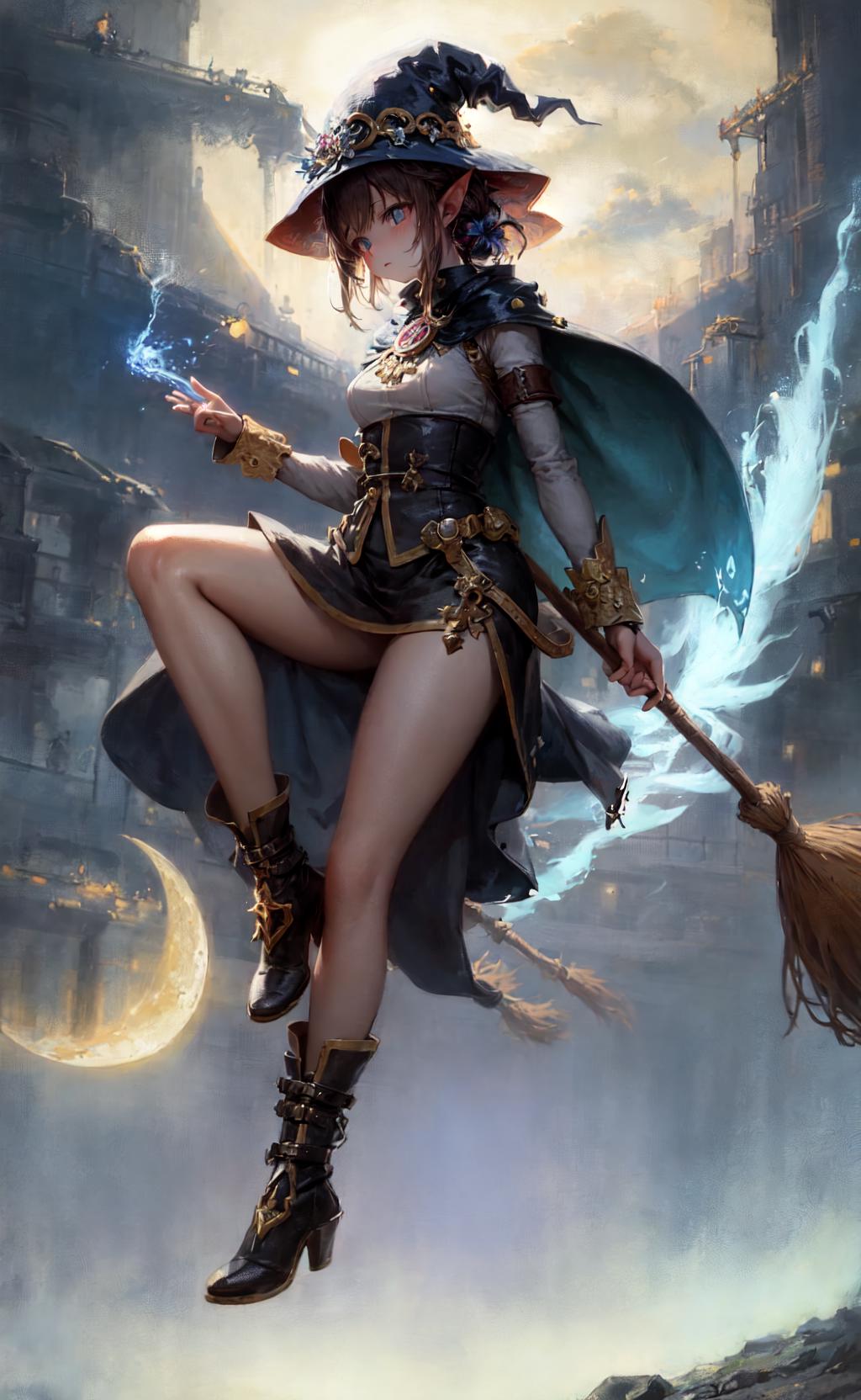 The image features a woman dressed in a medieval-style outfit, wearing a black dress and holding a wand. She appears to be a witch or a sorceress, with a broom stick in one hand and a wand in the other. The woman is standing on a moon, which adds a mystical and magical element to the scene. She is surrounded by a castle-like background, and the image is rendered in a 3D art style, giving it a very intricate and detailed appearance.