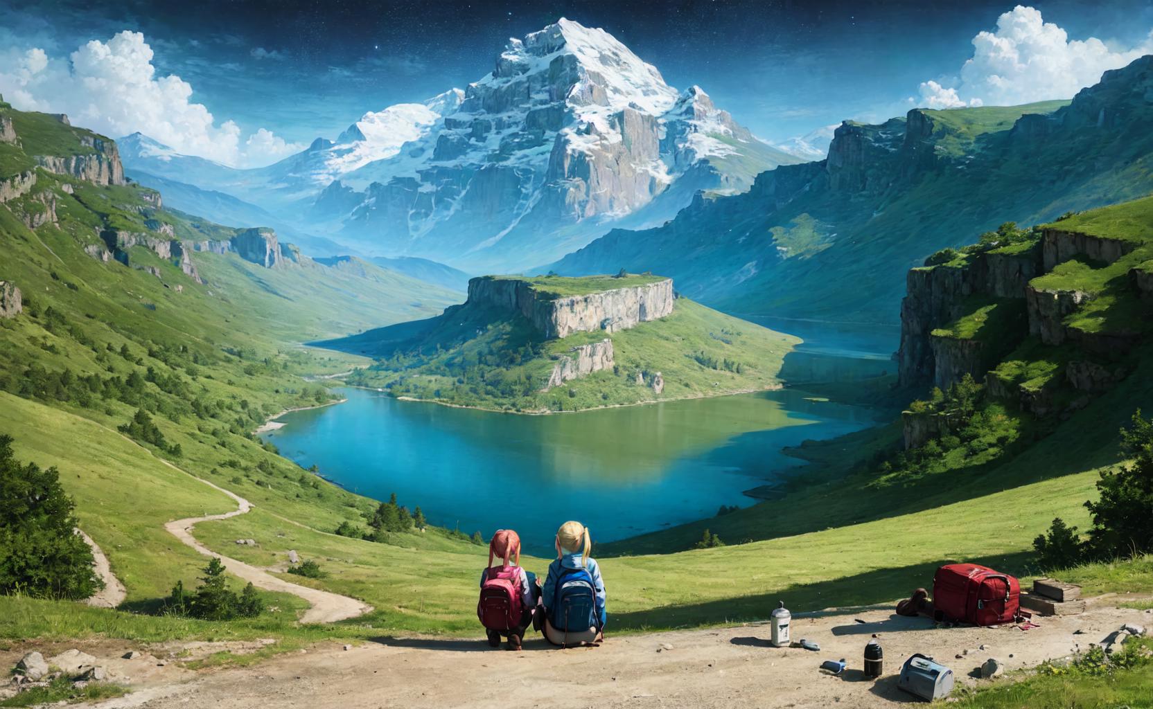 Two girls sitting on a hill overlooking a lake and mountains.