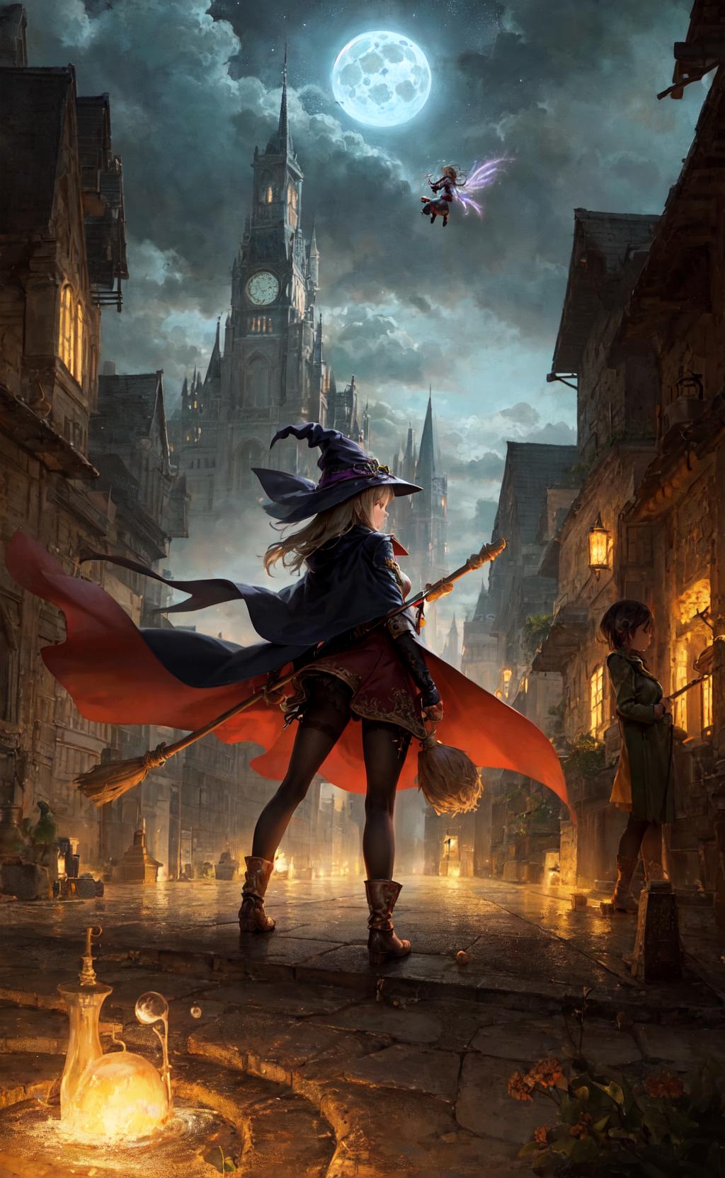 A witch with a broomstick in a fantasy setting.