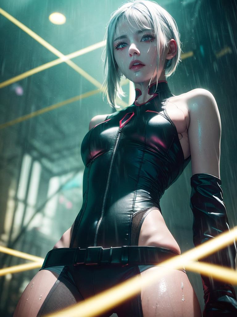 A woman in a black leather outfit standing in a futuristic environment.