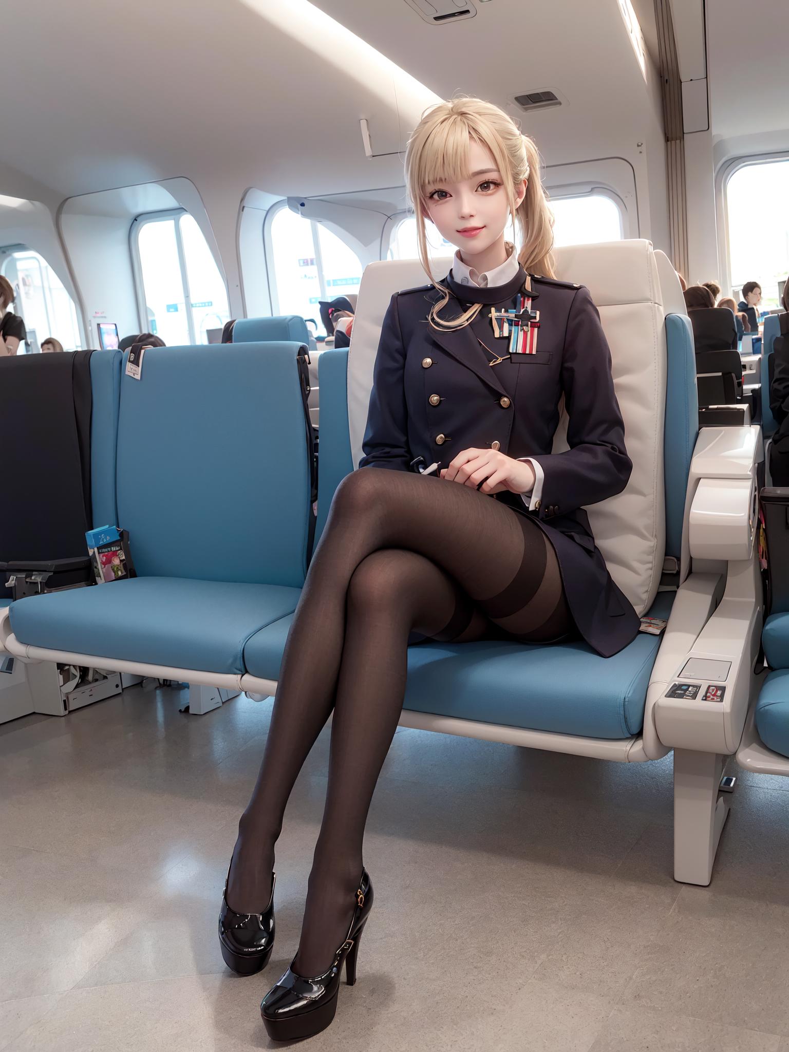 A woman in a blue dress and black stockings sitting on a blue seat.