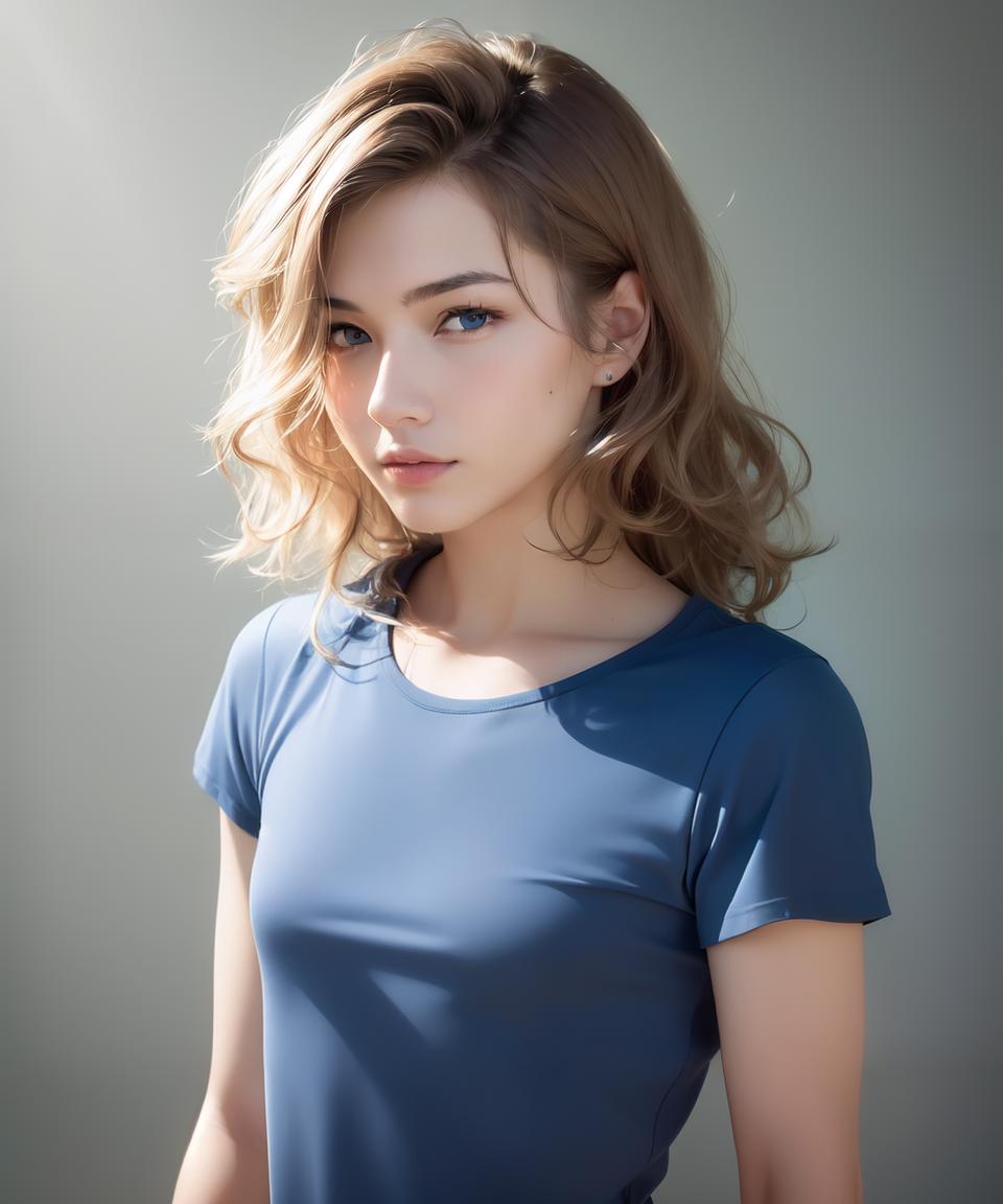 A young woman wearing a blue tee shirt poses for a photo.
