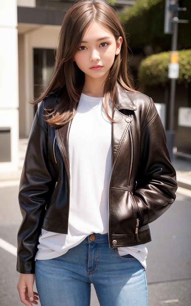 A woman wearing a leather jacket and white shirt.