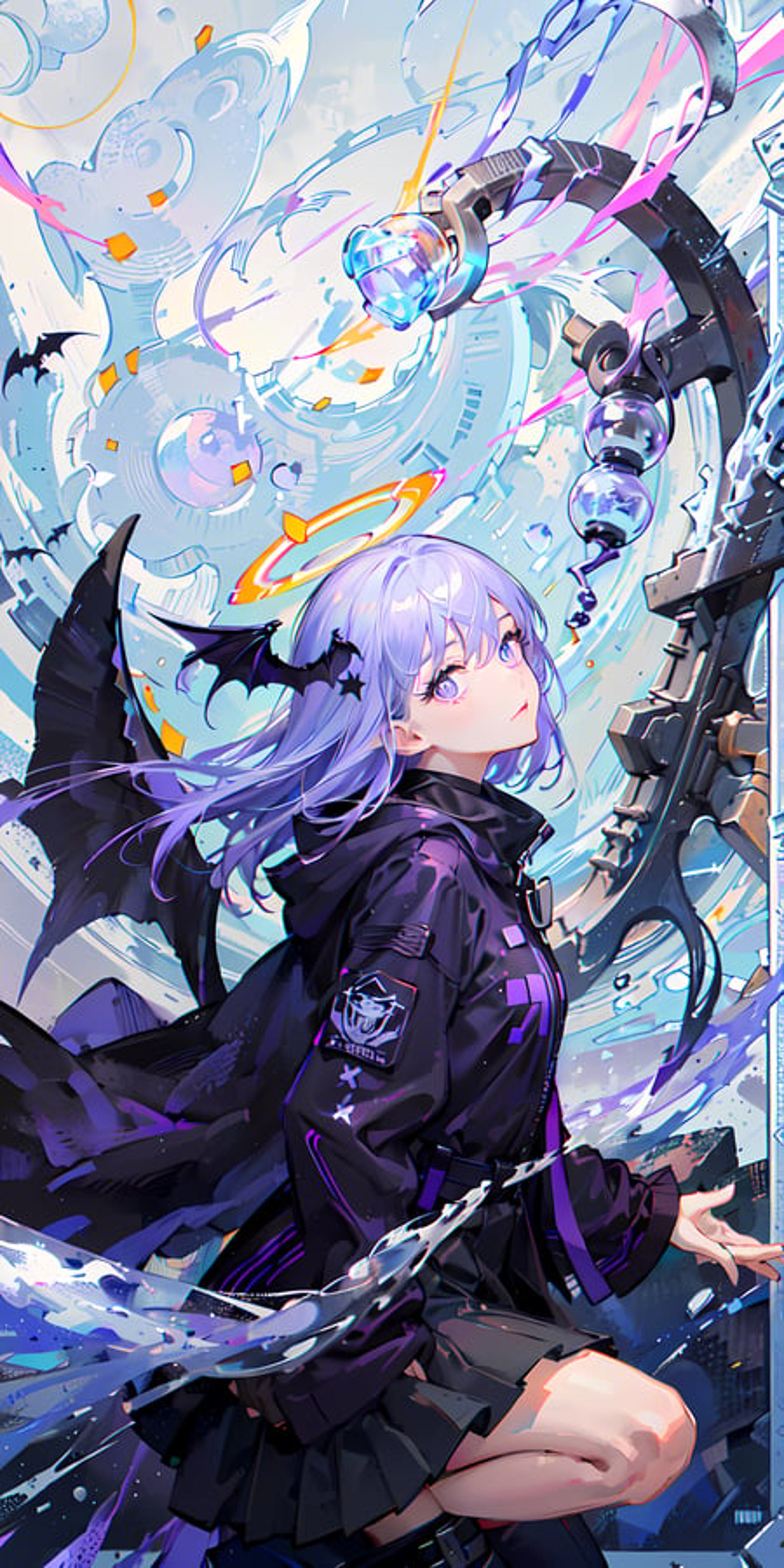 Anime girl wearing a black jacket with a halo and wings, surrounded by a swirling blue and purple background.