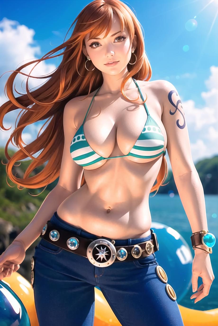 An Anime Cartoon Character with Large Breasts in a Bikini and a Pendant.